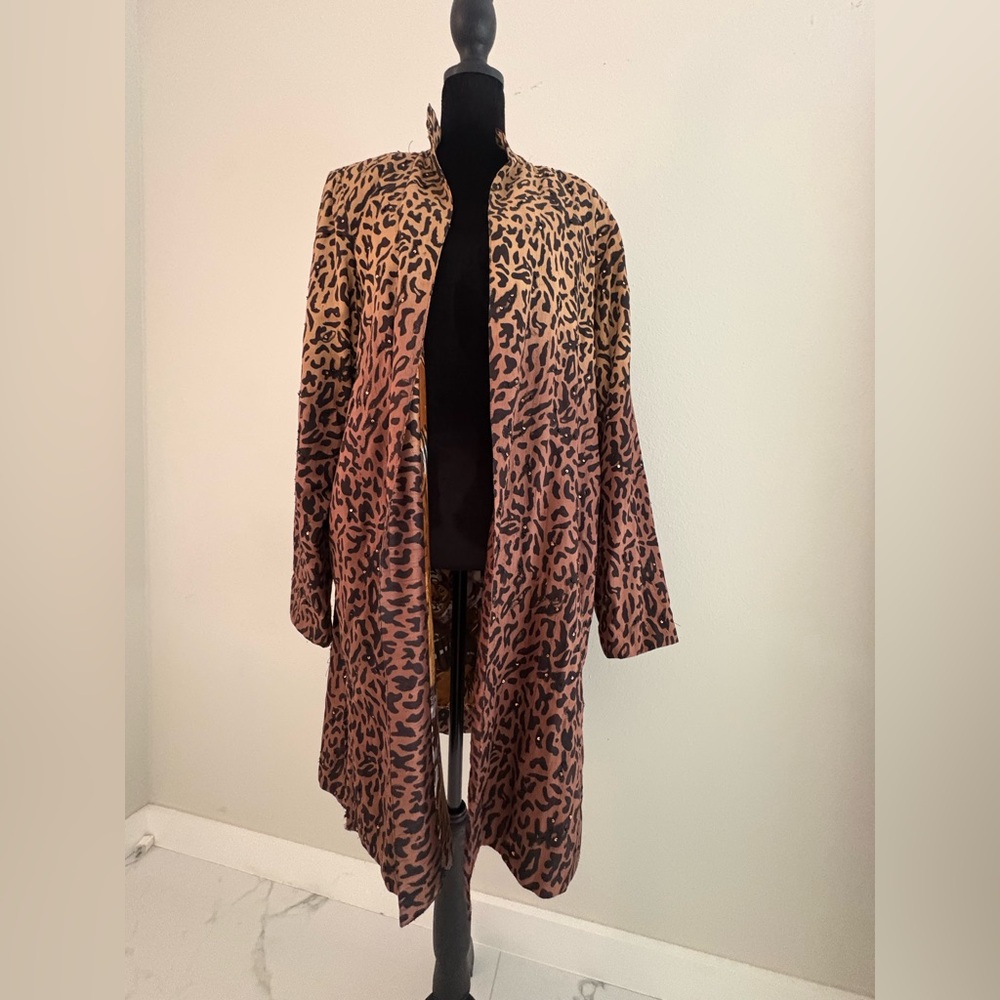 Anage 100% Silk Long Duster Cardigan XL Animal Print  Open Front